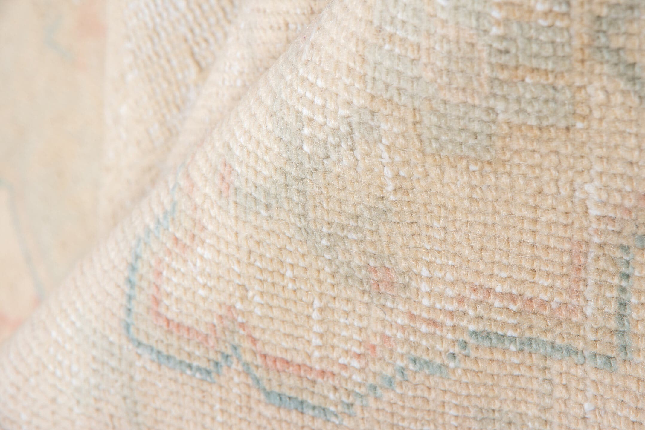 7' x 14' one-of-a-kind handmade antique Oushak large size rug. Color palette: apricot, ivory, peach, sage, taupe, rose