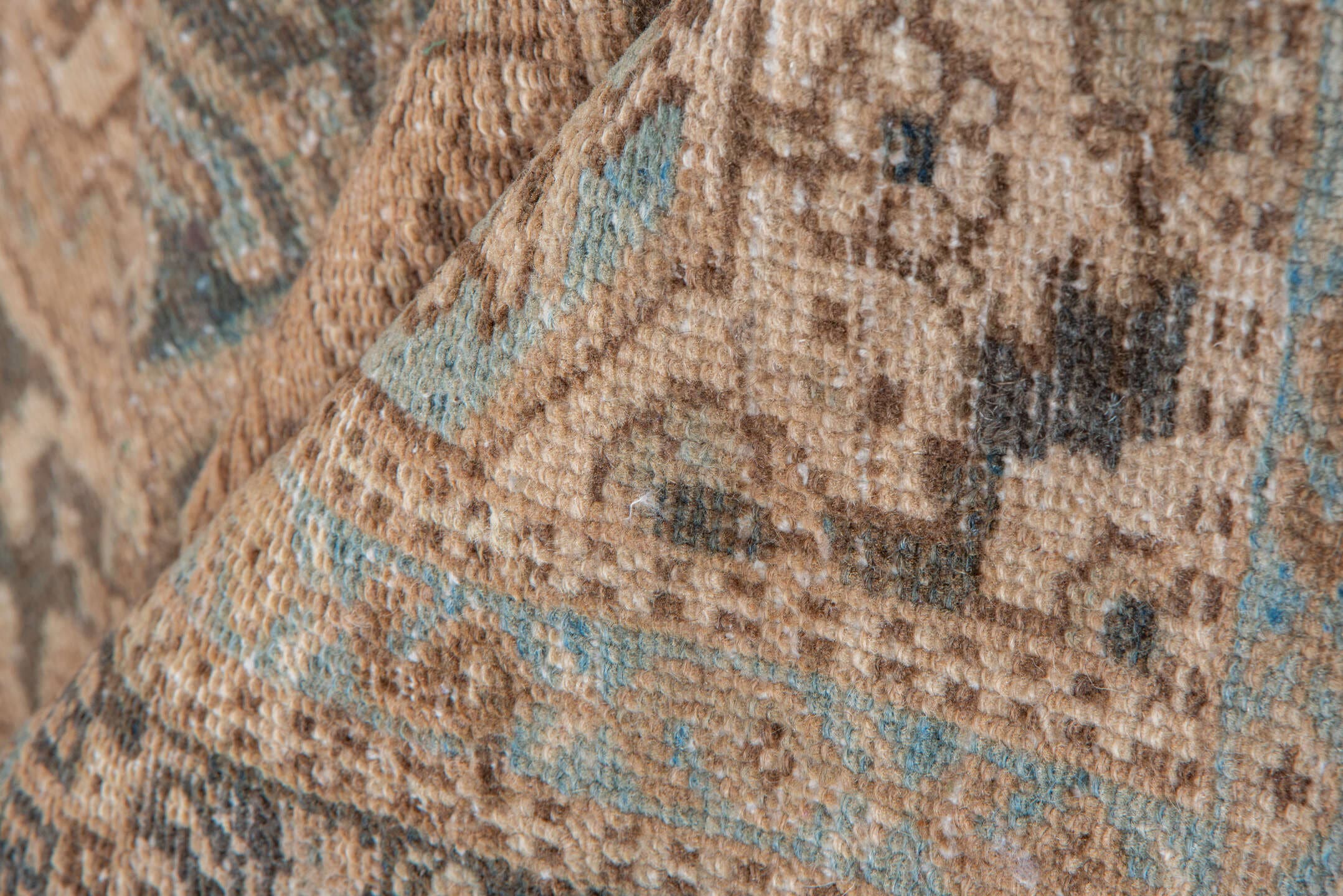 5' x 12' one-of-a-kind handmade antique Karaje runner rug. Color palette: ivory, taupe, camel, brown, pale blue, charcoal