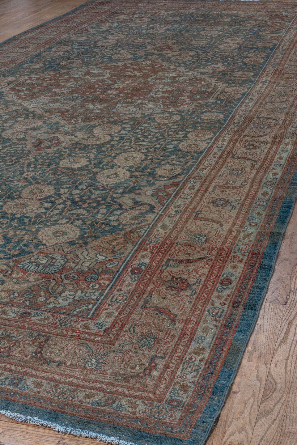 7' x 17' one-of-a-kind handmade vintage Malayer rug. Color palette: teal, rust, ivory, rose, taupe, slate, burgundy