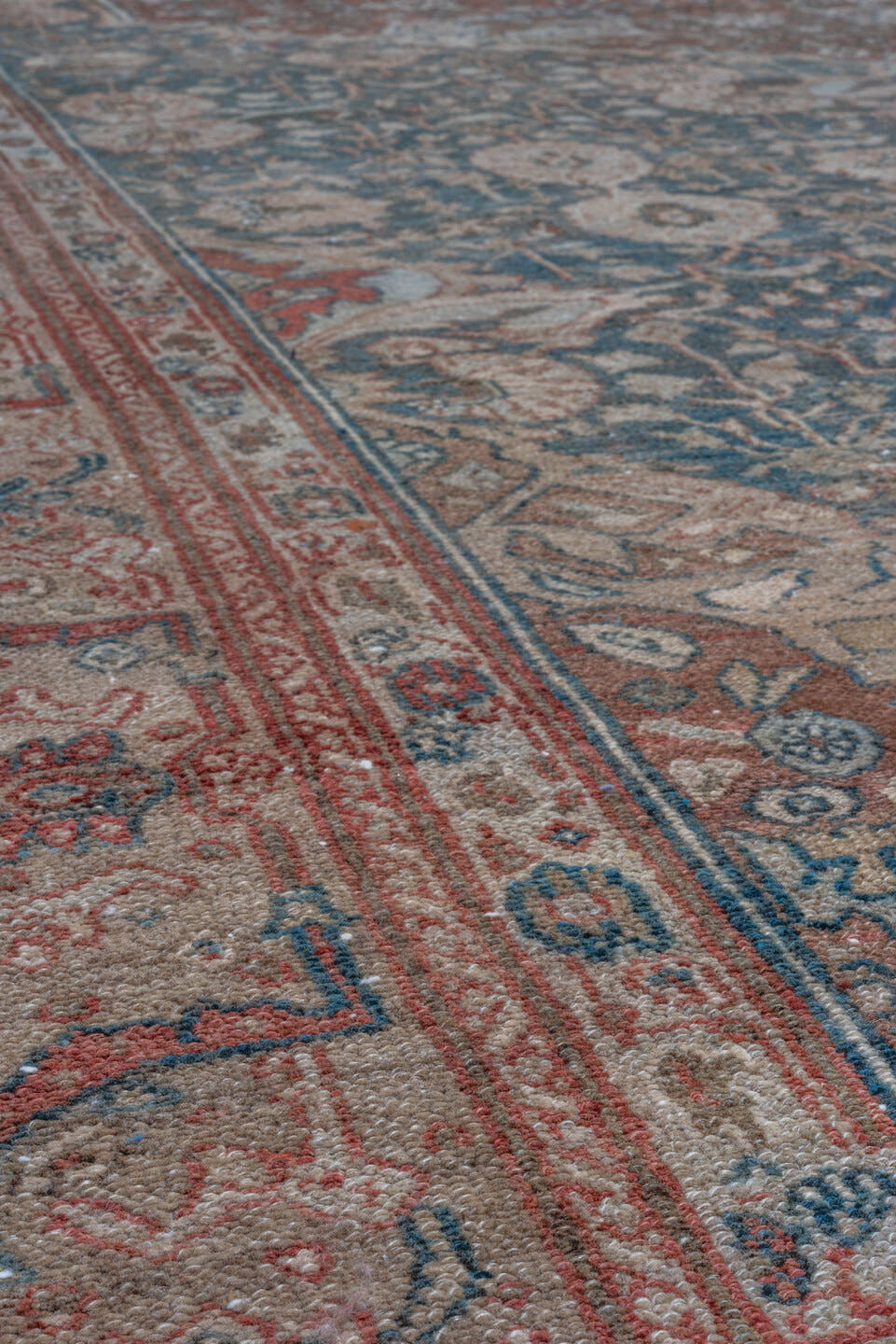 7' x 17' one-of-a-kind handmade vintage Malayer rug. Color palette: teal, rust, ivory, rose, taupe, slate, burgundy