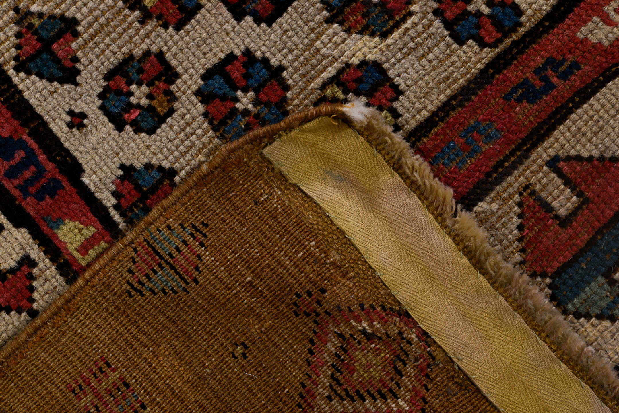 3' x 12' one-of-a-kind handmade antique Sarab runner rug. Color palette: camel, ivory, rust, navy, brick, sky_blue, brown