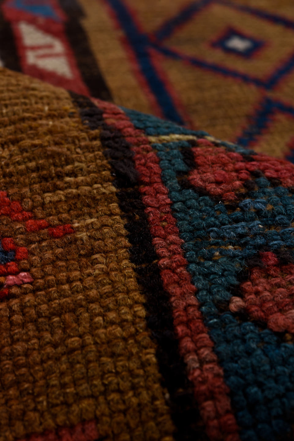 3' x 12' one-of-a-kind handmade antique Sarab runner rug. Color palette: camel, ivory, rust, navy, brick, sky_blue, brown