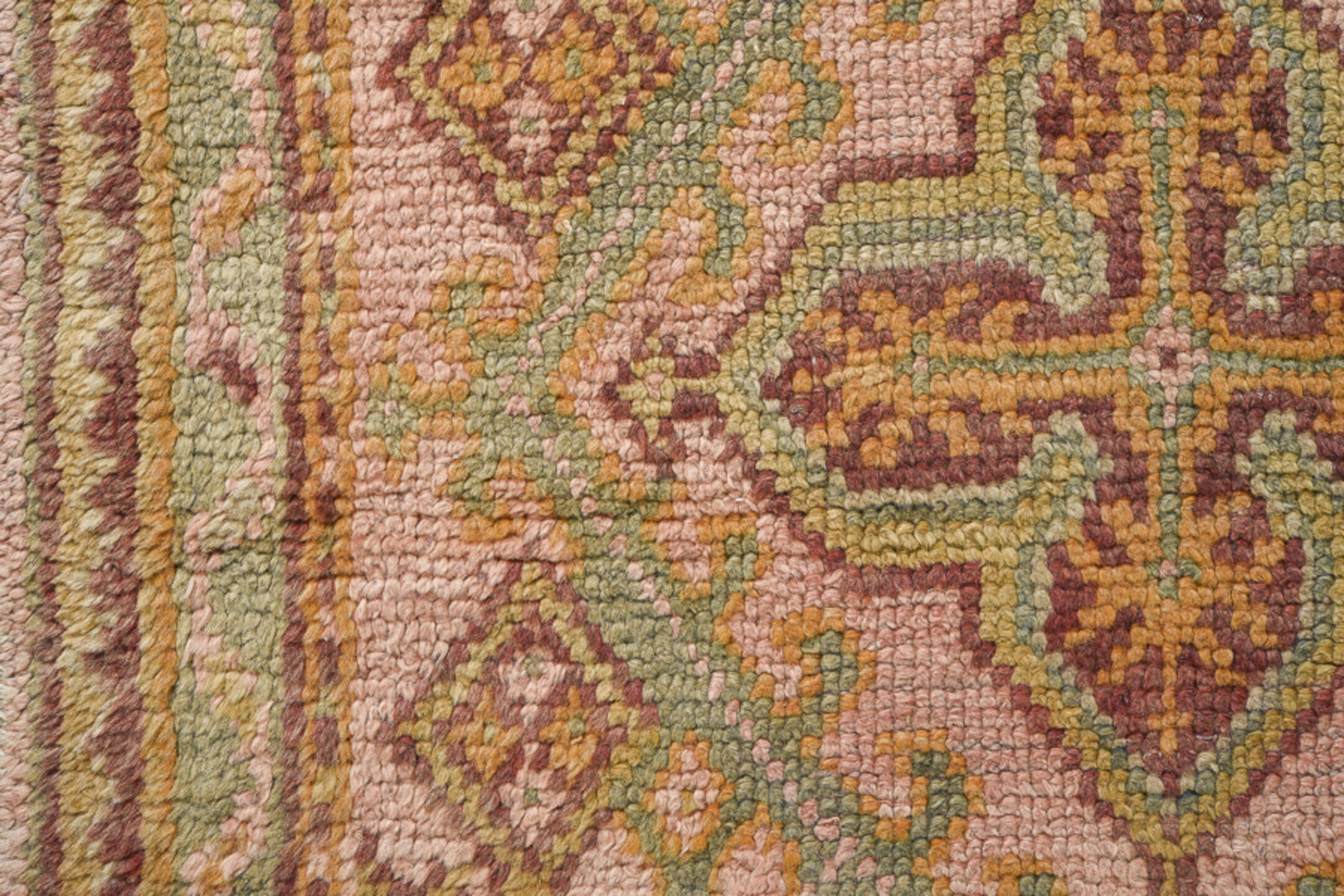 3' x 11' one-of-a-kind handmade antique Oushak runner rug. Color palette: blush, sage, gold, rust, ivory, taupe, camel, pink