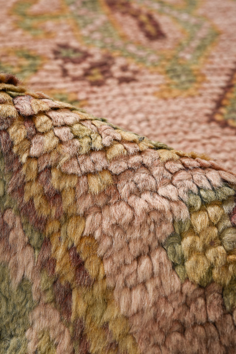 3' x 11' one-of-a-kind handmade antique Oushak runner rug. Color palette: blush, sage, gold, rust, ivory, taupe, camel, pink