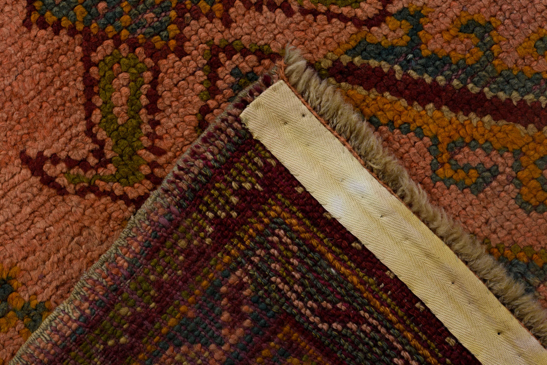 3' x 11' one-of-a-kind handmade antique Oushak runner rug. Color palette: rose, rust, sage, gold, teal, burgundy, ivory