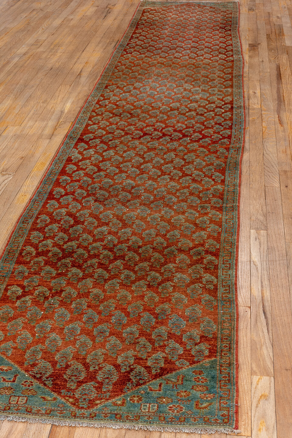 2' x 14' one-of-a-kind handmade antique Malayer runner rug. Color palette: rust, soft blue, brick, ivory, terra cotta, sage