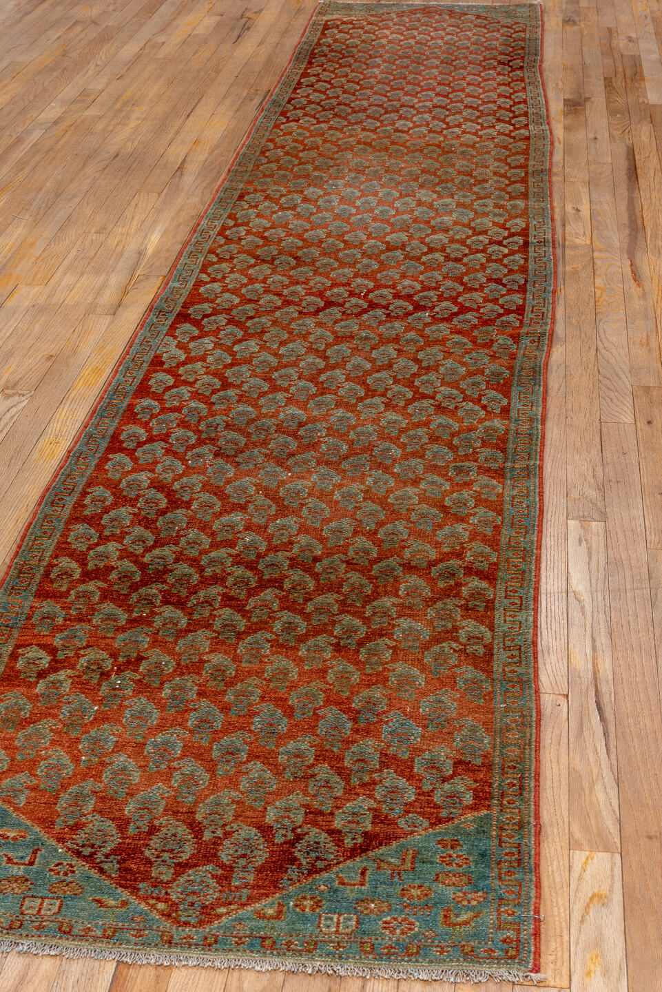 2' x 14' one-of-a-kind handmade antique Malayer runner rug. Color palette: rust, soft blue, brick, ivory, terra cotta, sage