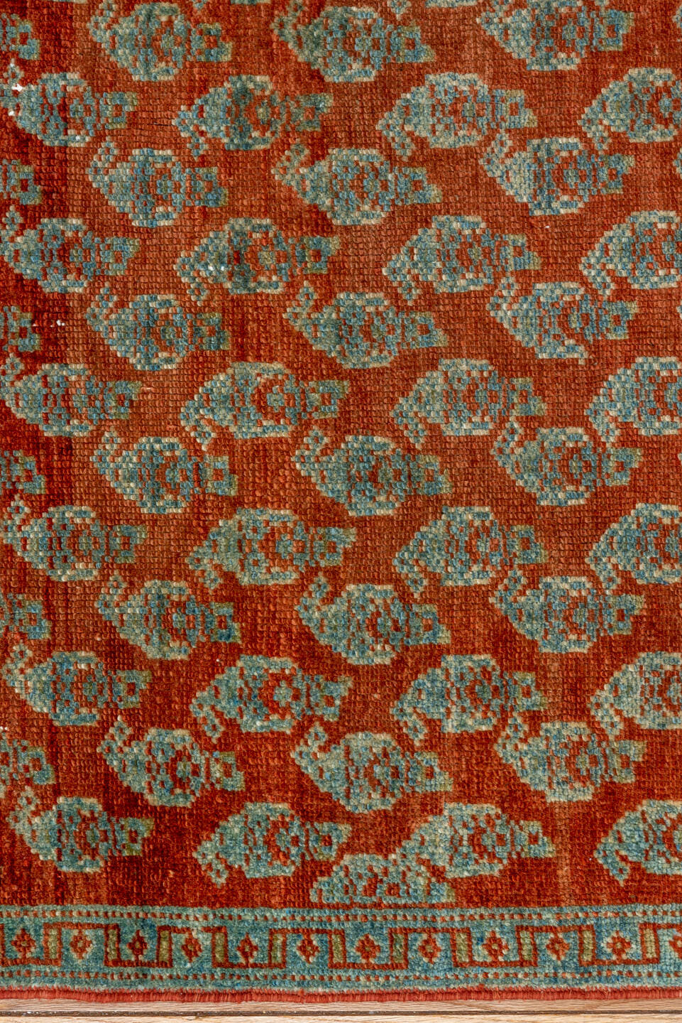 2' x 14' one-of-a-kind handmade antique Malayer runner rug. Color palette: rust, soft blue, brick, ivory, terra cotta, sage
