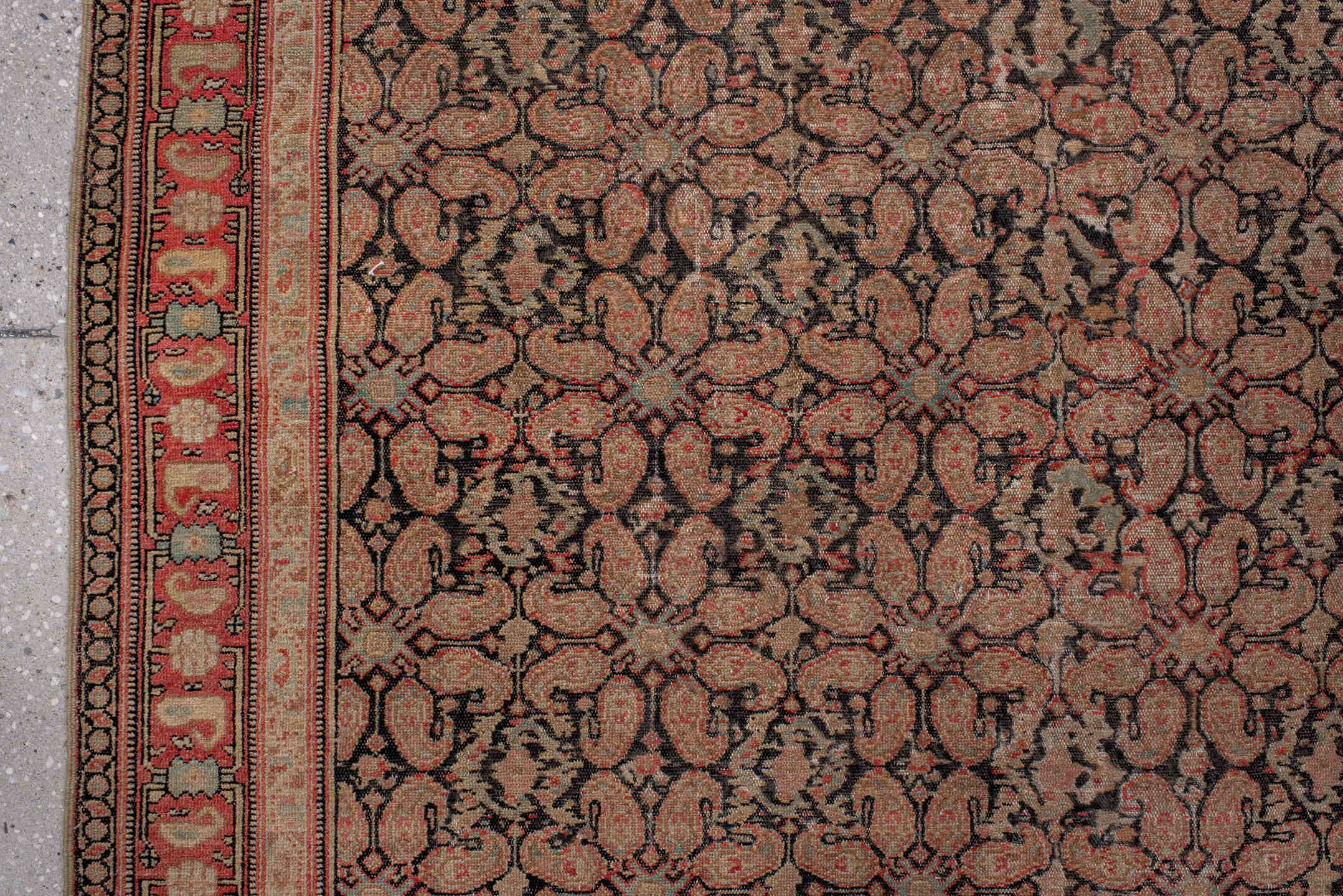 4' x 6' one-of-a-kind handmade vintage Senne small size rug. Color palette: black, brown, gray, pink, red