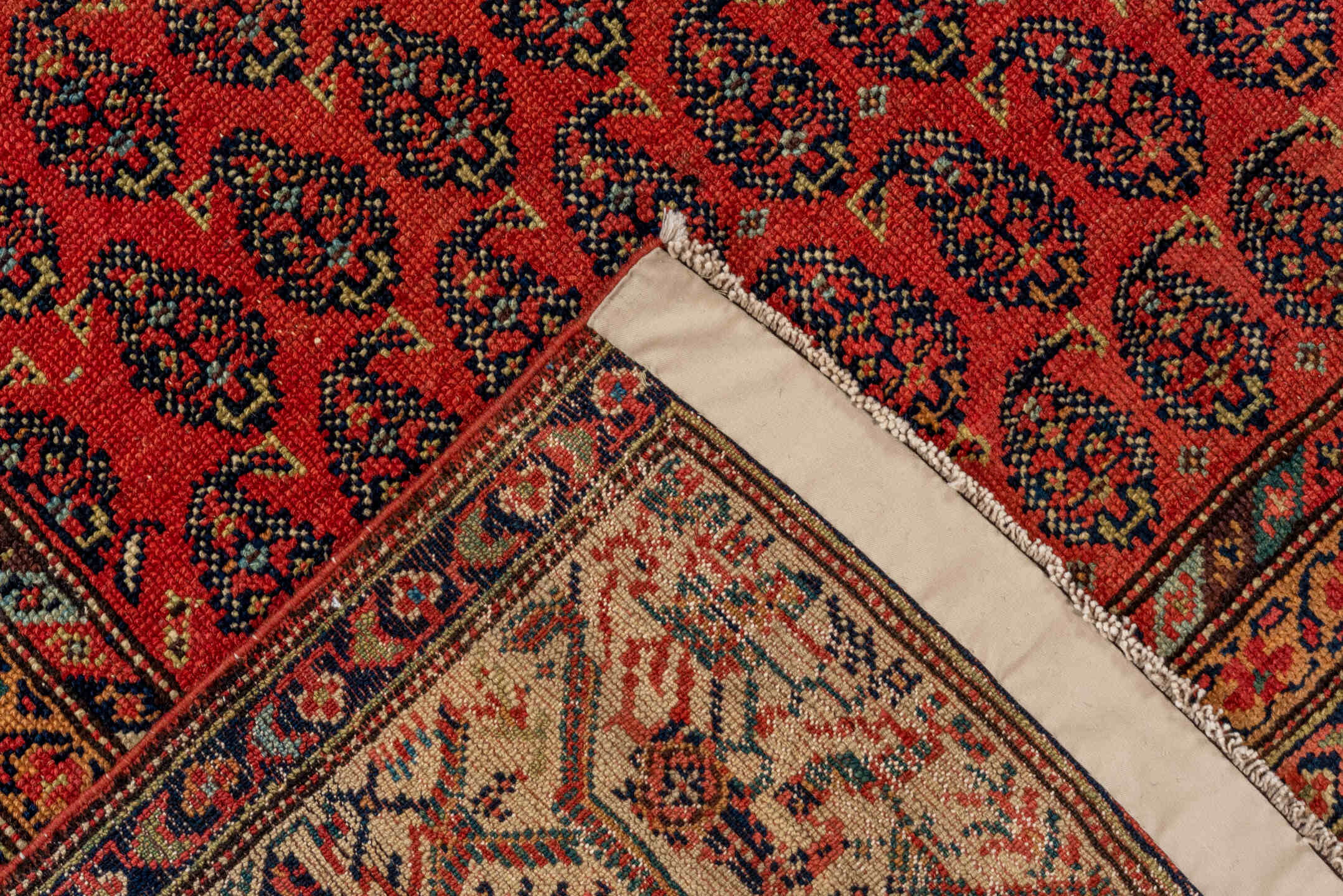 4' x 11' one-of-a-kind handmade antique Saraband runner rug. Color palette: rust, ivory, navy, camel, terracotta, charcoal