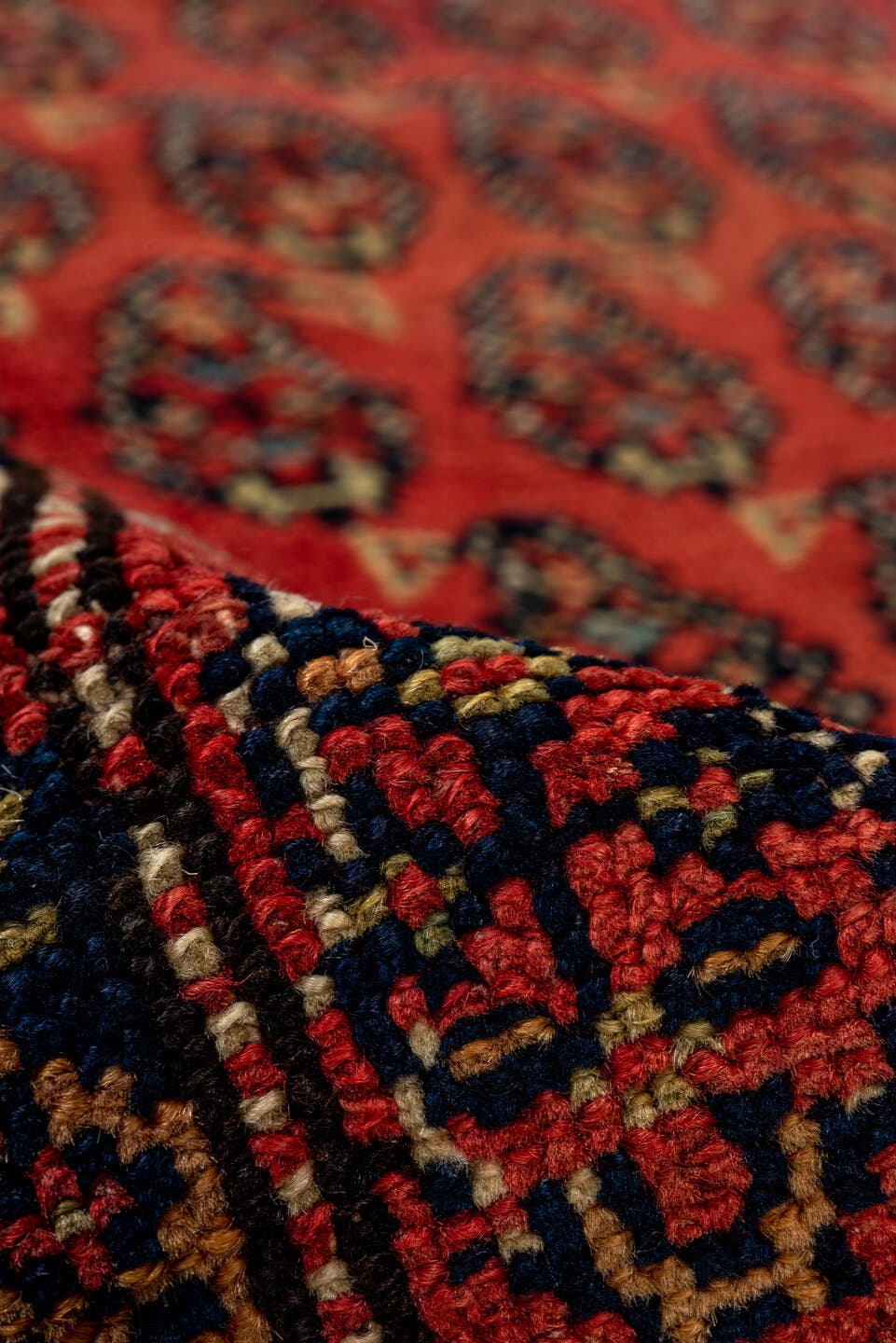 4' x 11' one-of-a-kind handmade antique Saraband runner rug. Color palette: rust, ivory, navy, camel, terracotta, charcoal