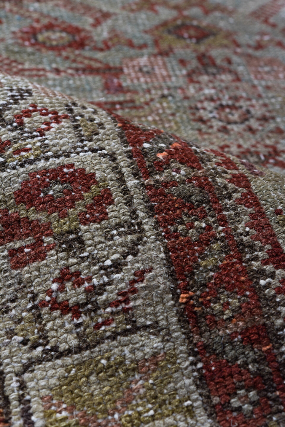 3' x 10' one-of-a-kind handmade vintage Malayer runner rug. Color palette: brown, gainsboro, gray, light gray, off-white