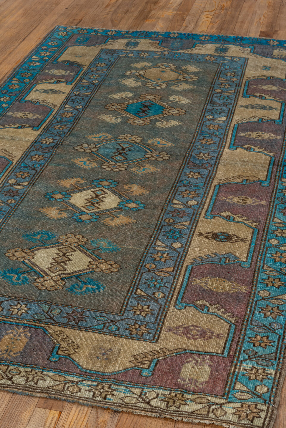 4' x 6' one-of-a-kind handmade antique Anatolian small size rug. Color palette: turquoise, ivory, taupe, slate, plum