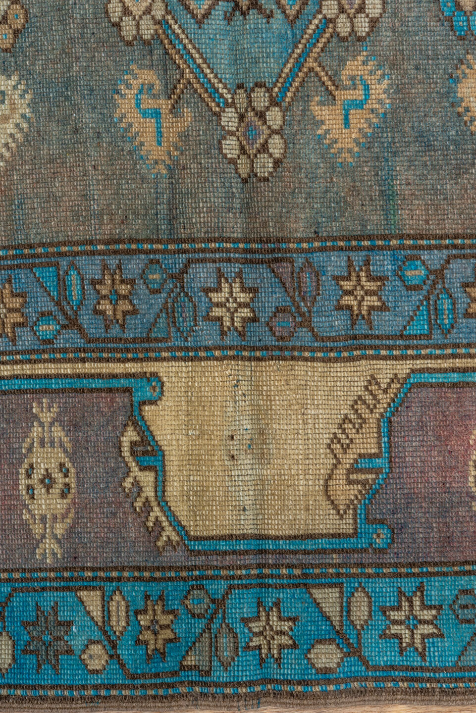 4' x 6' one-of-a-kind handmade antique Anatolian small size rug. Color palette: turquoise, ivory, taupe, slate, plum