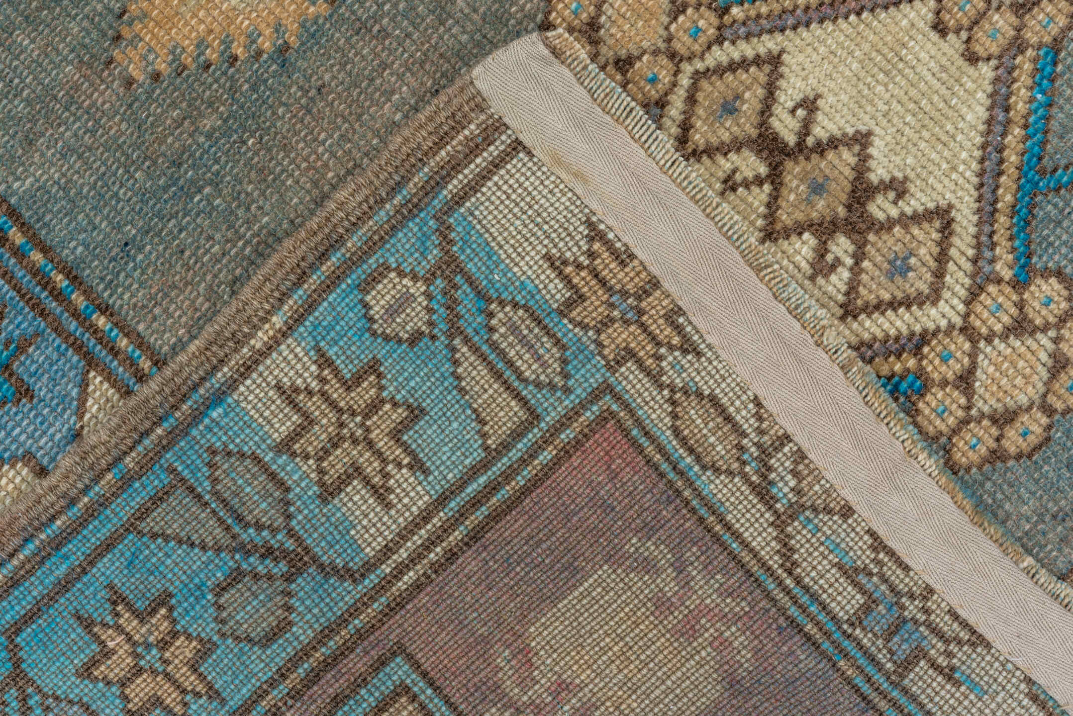 4' x 6' one-of-a-kind handmade antique Anatolian small size rug. Color palette: turquoise, ivory, taupe, slate, plum
