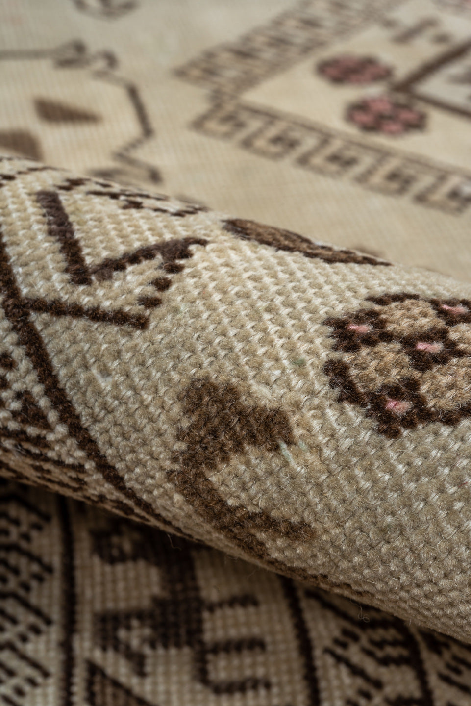 4' x 6' one-of-a-kind handmade antique Ardebil small size rug. Color palette: ivory, brown, taupe, rose, camel, sage, beige