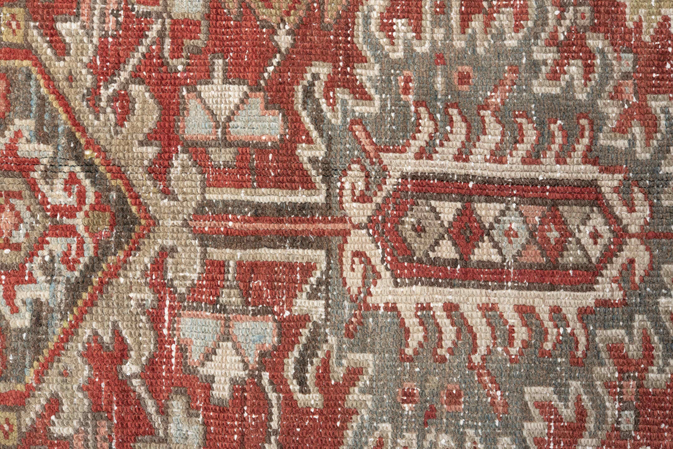 8' x 11' one-of-a-kind handmade antique Heriz large size rug. Color palette: ivory, rust, brick red, taupe, brown