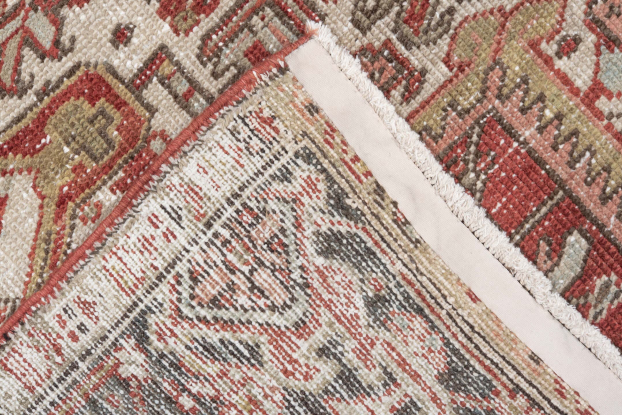 8' x 11' one-of-a-kind handmade antique Heriz large size rug. Color palette: ivory, rust, brick red, taupe, brown