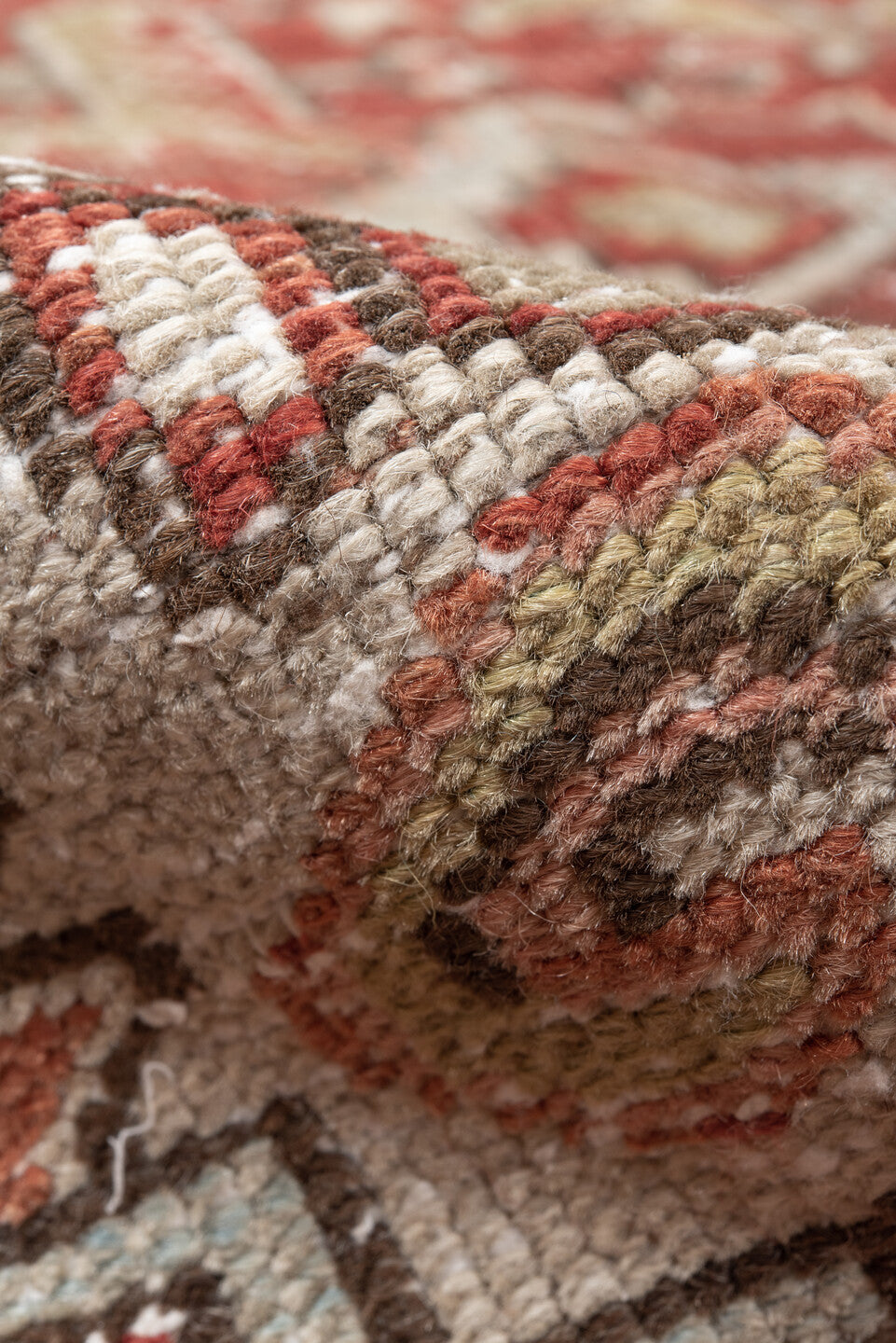 8' x 11' one-of-a-kind handmade antique Heriz large size rug. Color palette: ivory, rust, brick red, taupe, brown