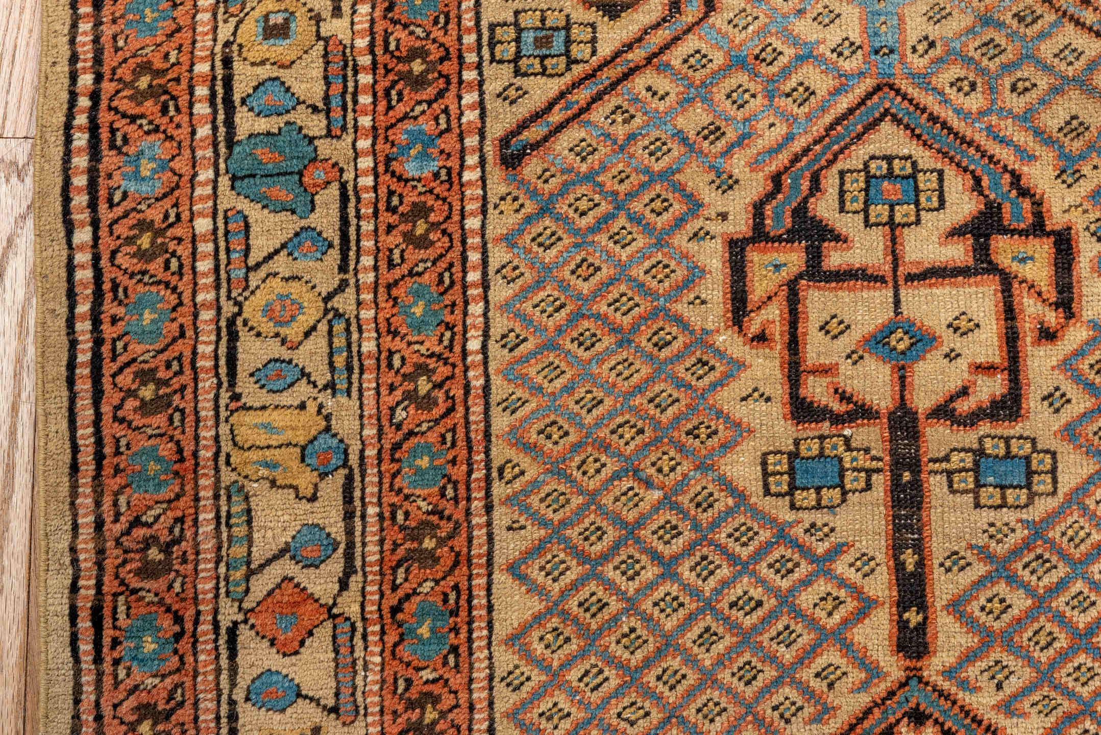 3' x 13' one-of-a-kind handmade antique Sarab runner rug. Color palette: ivory, rust, sky_blue, indigo, camel, terracotta