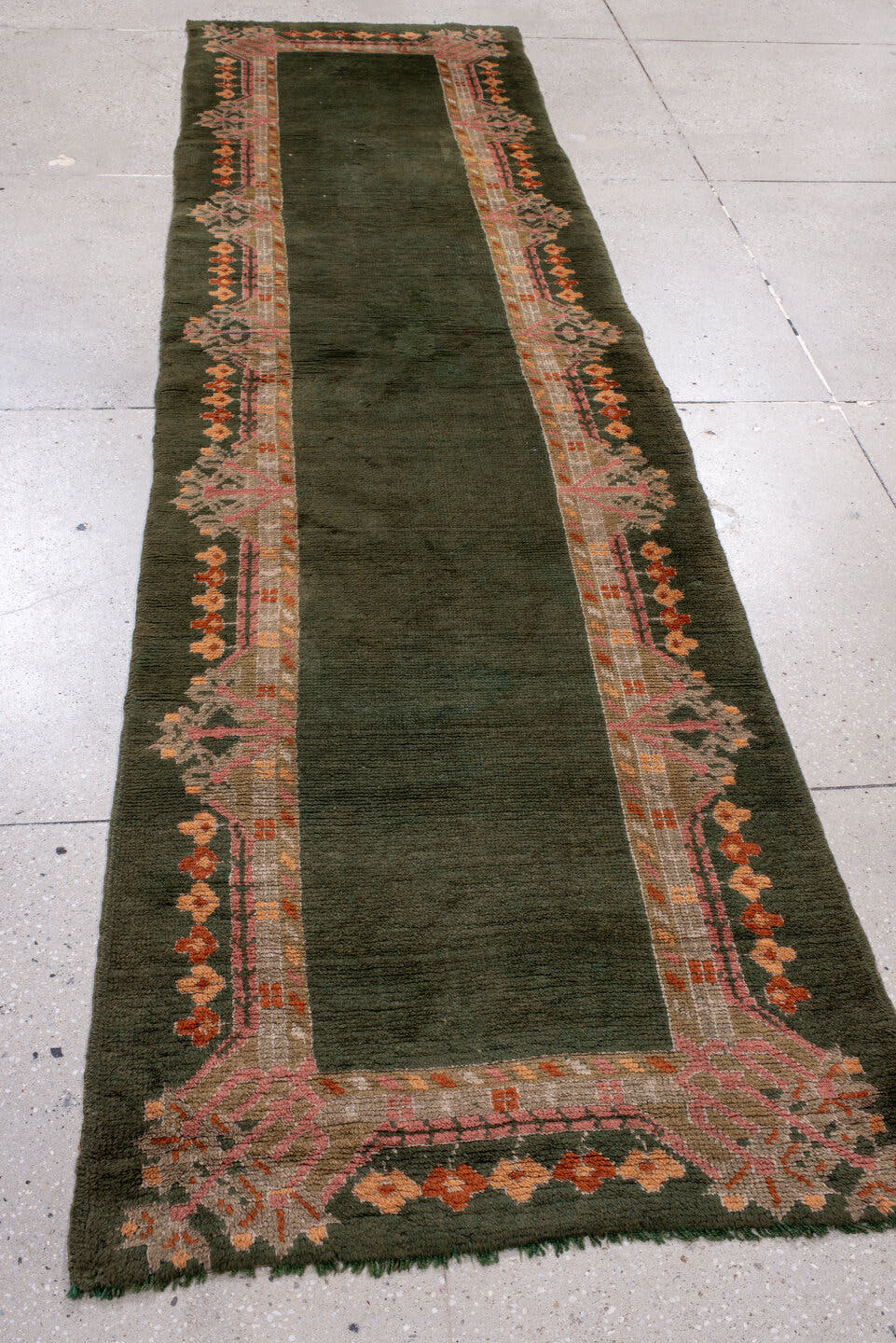 3' x 11' one-of-a-kind handmade antique Oushak runner rug. Color palette: olive, taupe, rose, rust, ivory, charcoal, green