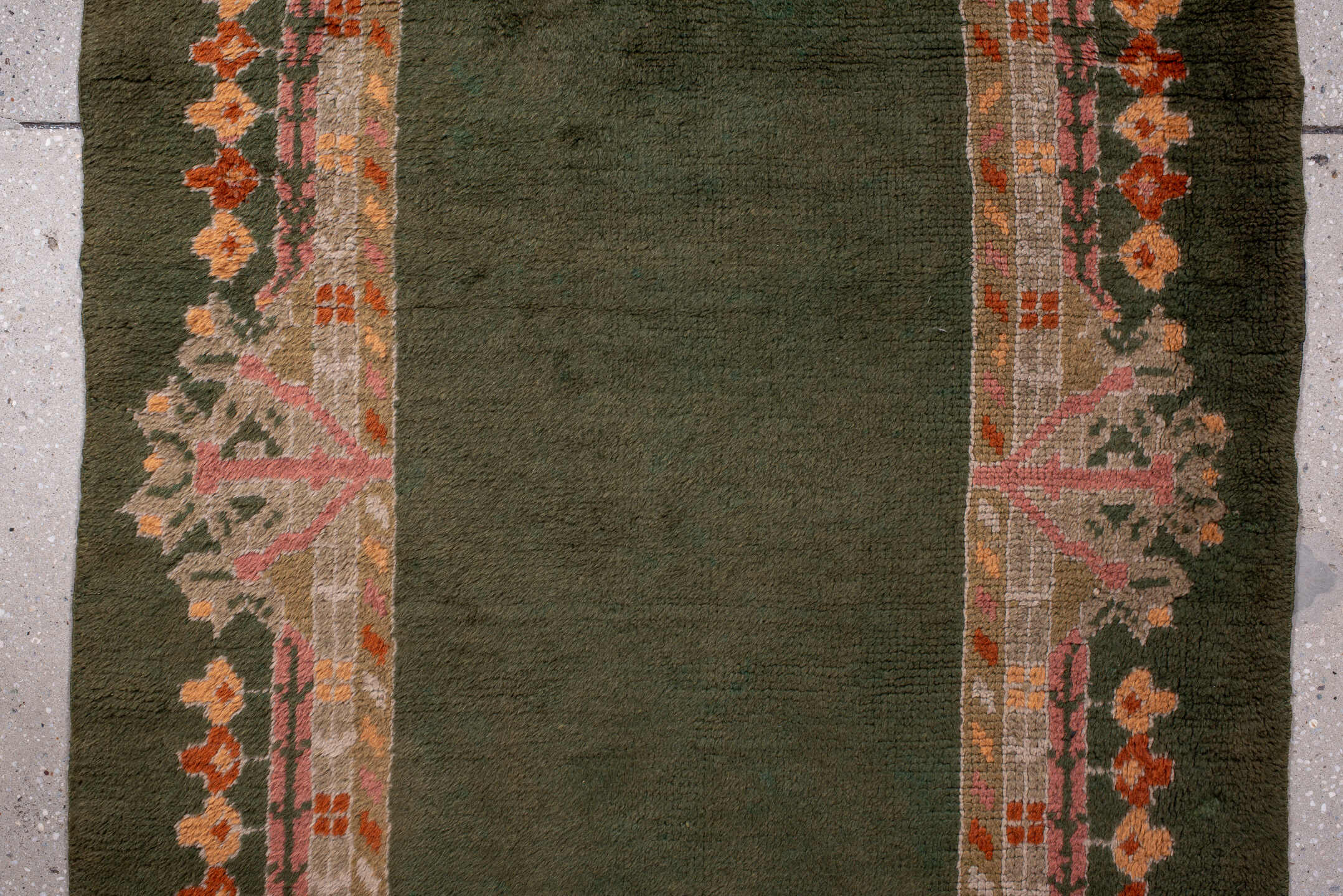 3' x 11' one-of-a-kind handmade antique Oushak runner rug. Color palette: olive, taupe, rose, rust, ivory, charcoal, green