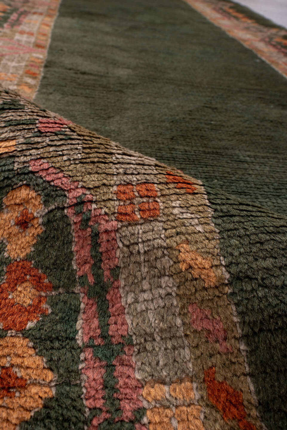 3' x 11' one-of-a-kind handmade antique Oushak runner rug. Color palette: olive, taupe, rose, rust, ivory, charcoal, green
