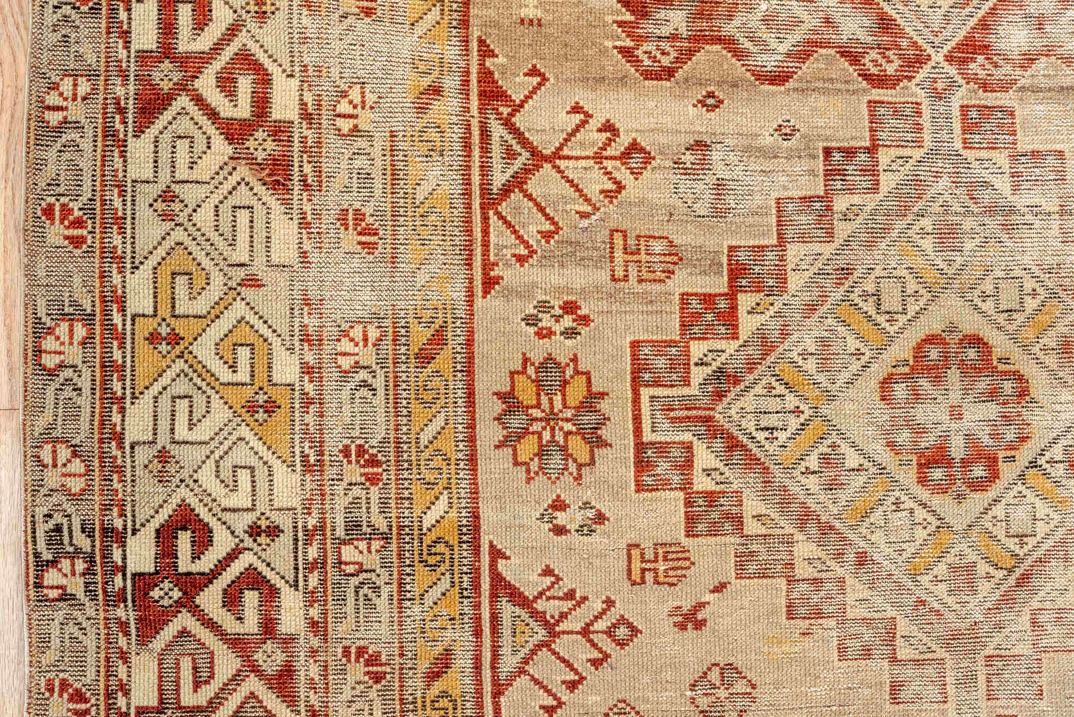 4' x 6' one-of-a-kind handmade antique Shirvan small size rug. Color palette: ivory, rust, camel, taupe, gold, brown
