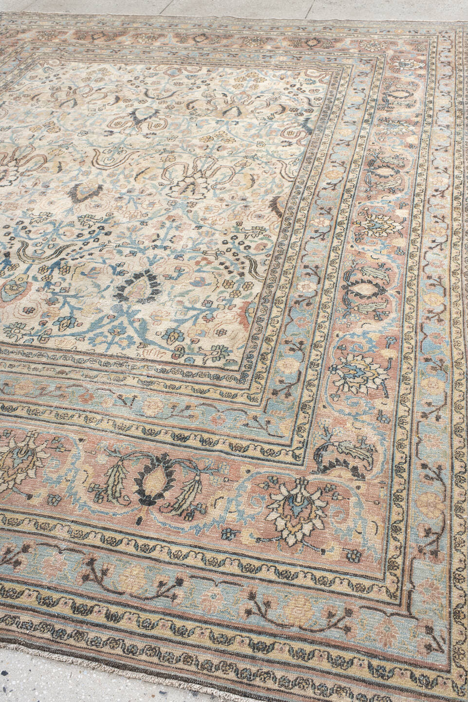 9' x 12' one-of-a-kind handmade vintage Khorassan large size rug. Color palette: ivory, pale blue, blush, charcoal, taupe