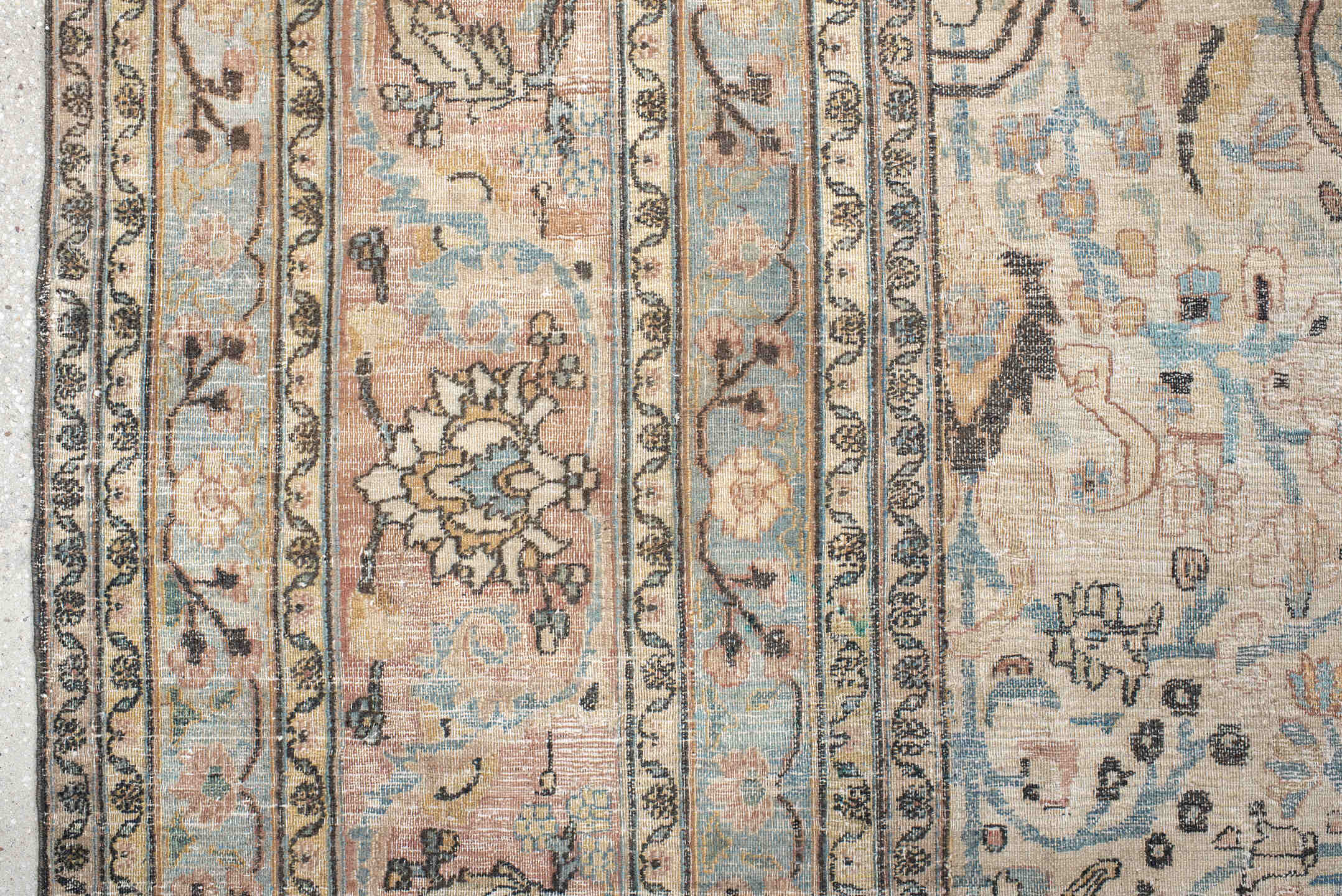 9' x 12' one-of-a-kind handmade vintage Khorassan large size rug. Color palette: ivory, pale blue, blush, charcoal, taupe