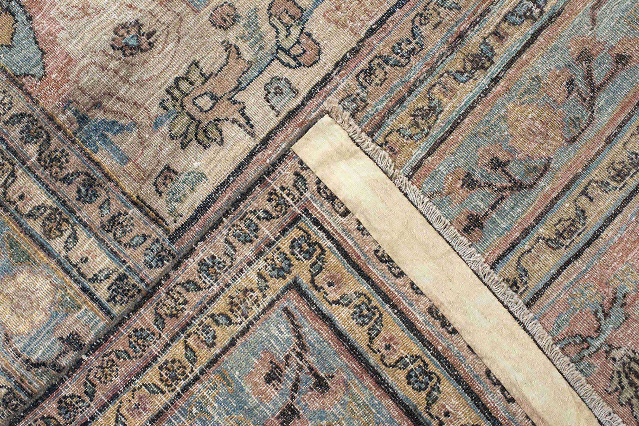 9' x 12' one-of-a-kind handmade vintage Khorassan large size rug. Color palette: ivory, pale blue, blush, charcoal, taupe