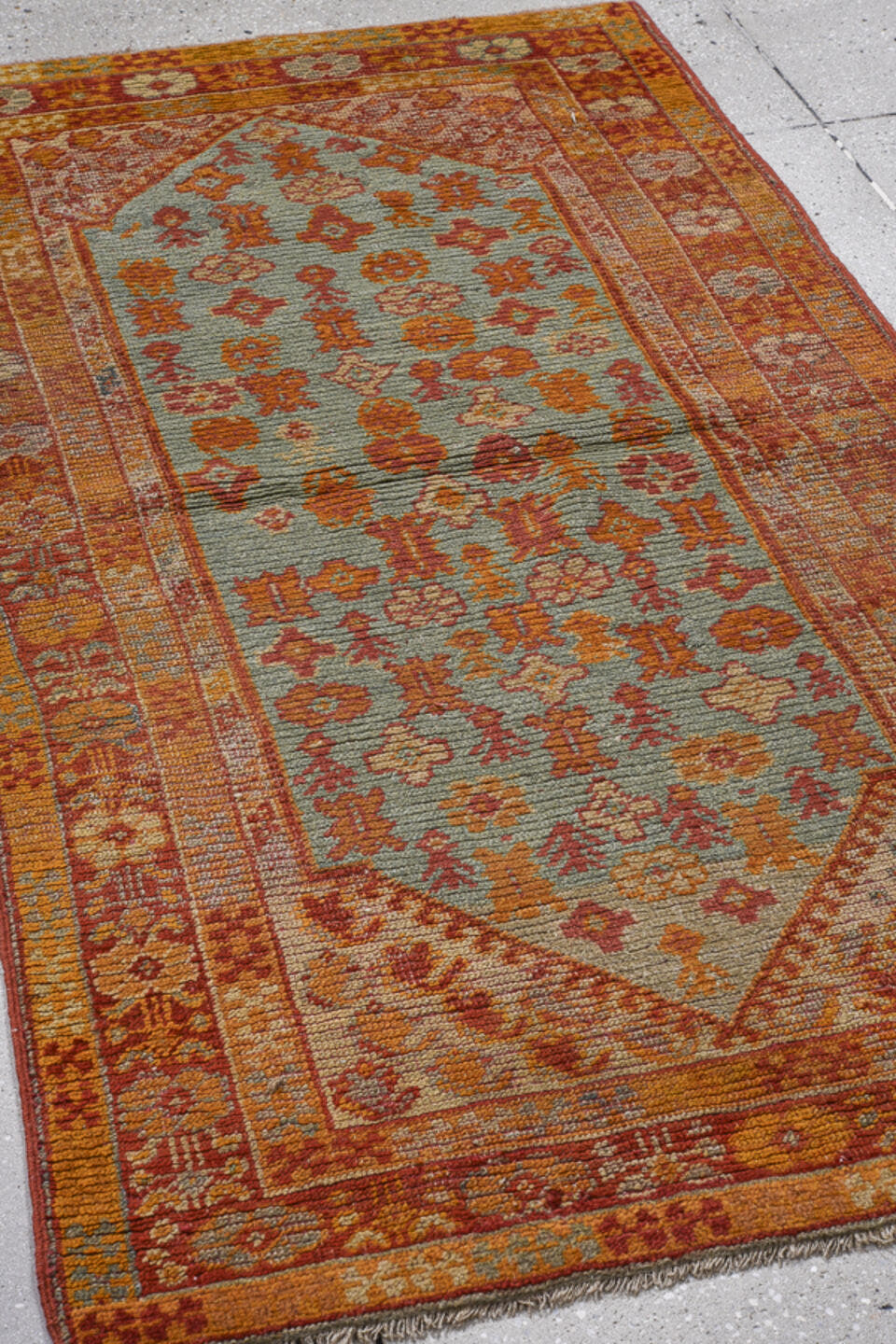 3' x 5' one-of-a-kind handmade antique Oushak small size rug. Color palette: rust, pale blue, gold, terra cotta, ivory
