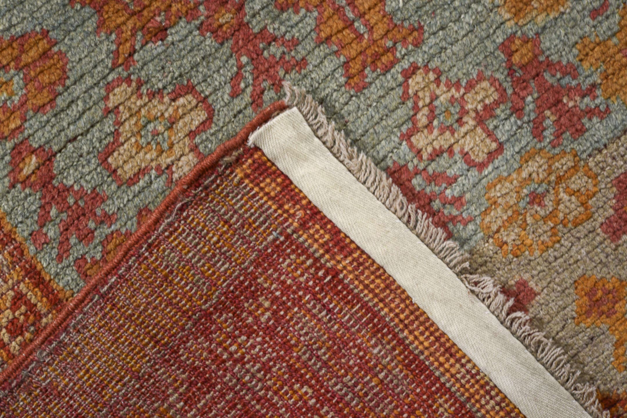 3' x 5' one-of-a-kind handmade antique Oushak small size rug. Color palette: rust, pale blue, gold, terra cotta, ivory