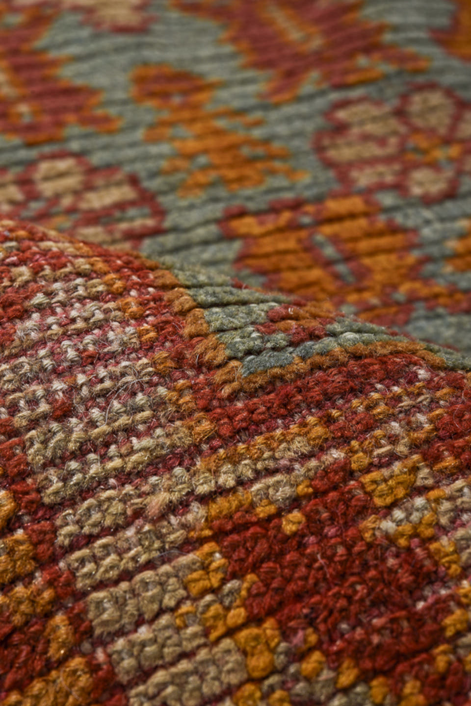 3' x 5' one-of-a-kind handmade antique Oushak small size rug. Color palette: rust, pale blue, gold, terra cotta, ivory