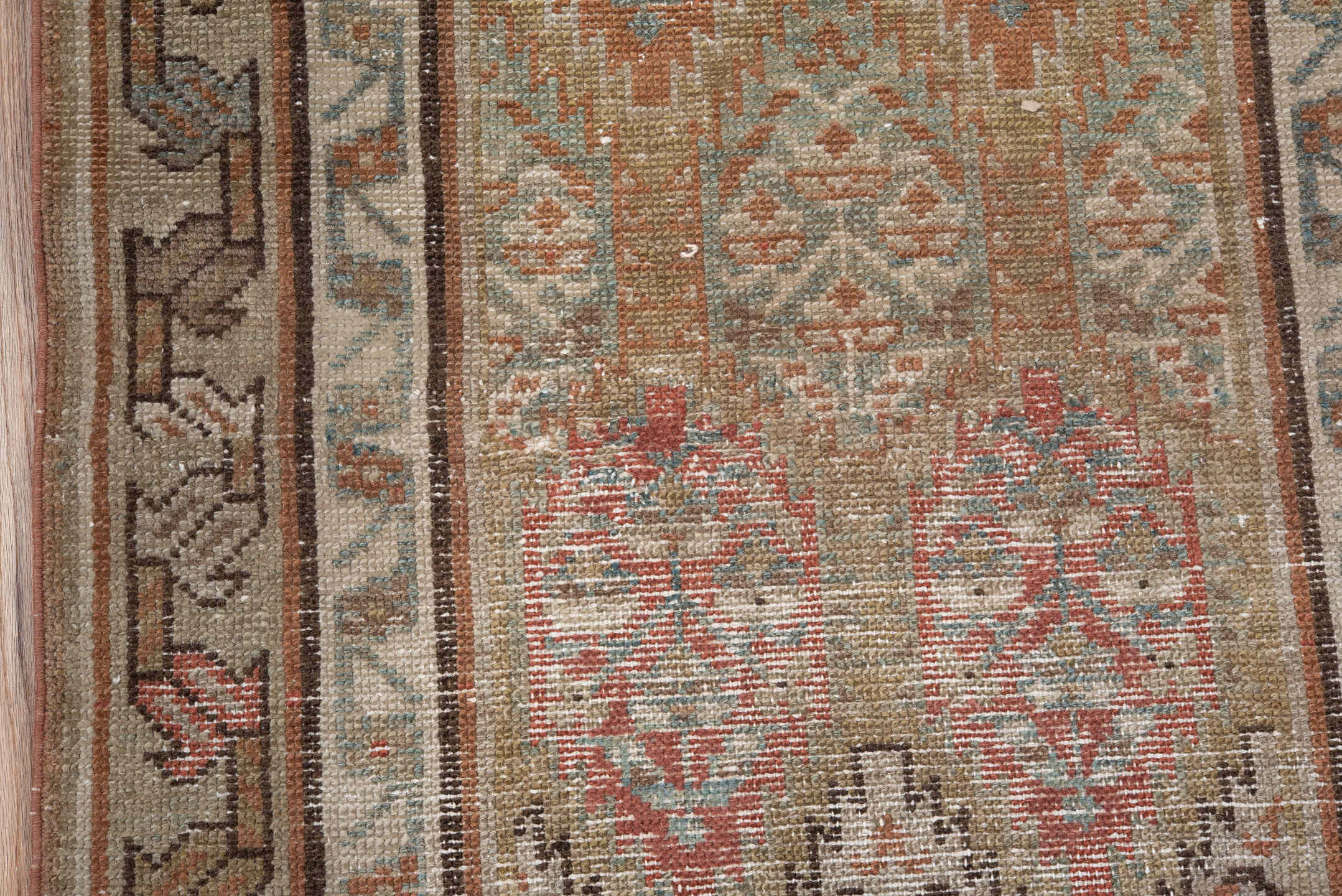 2' x 12' one-of-a-kind handmade antique NW Persian runner rug. Color palette: camel, ivory, taupe, rust, pale_blue, brown