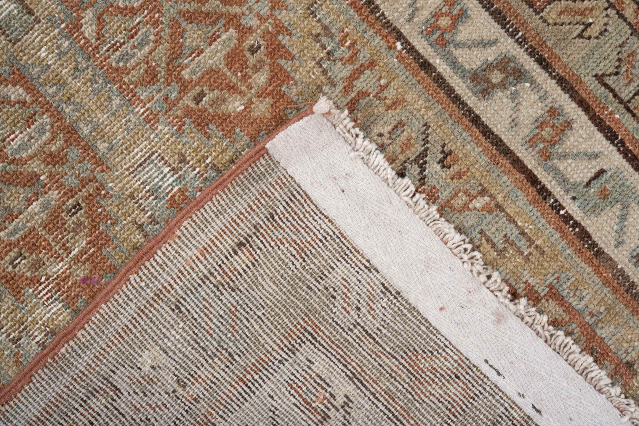 2' x 12' one-of-a-kind handmade antique NW Persian runner rug. Color palette: camel, ivory, taupe, rust, pale_blue, brown