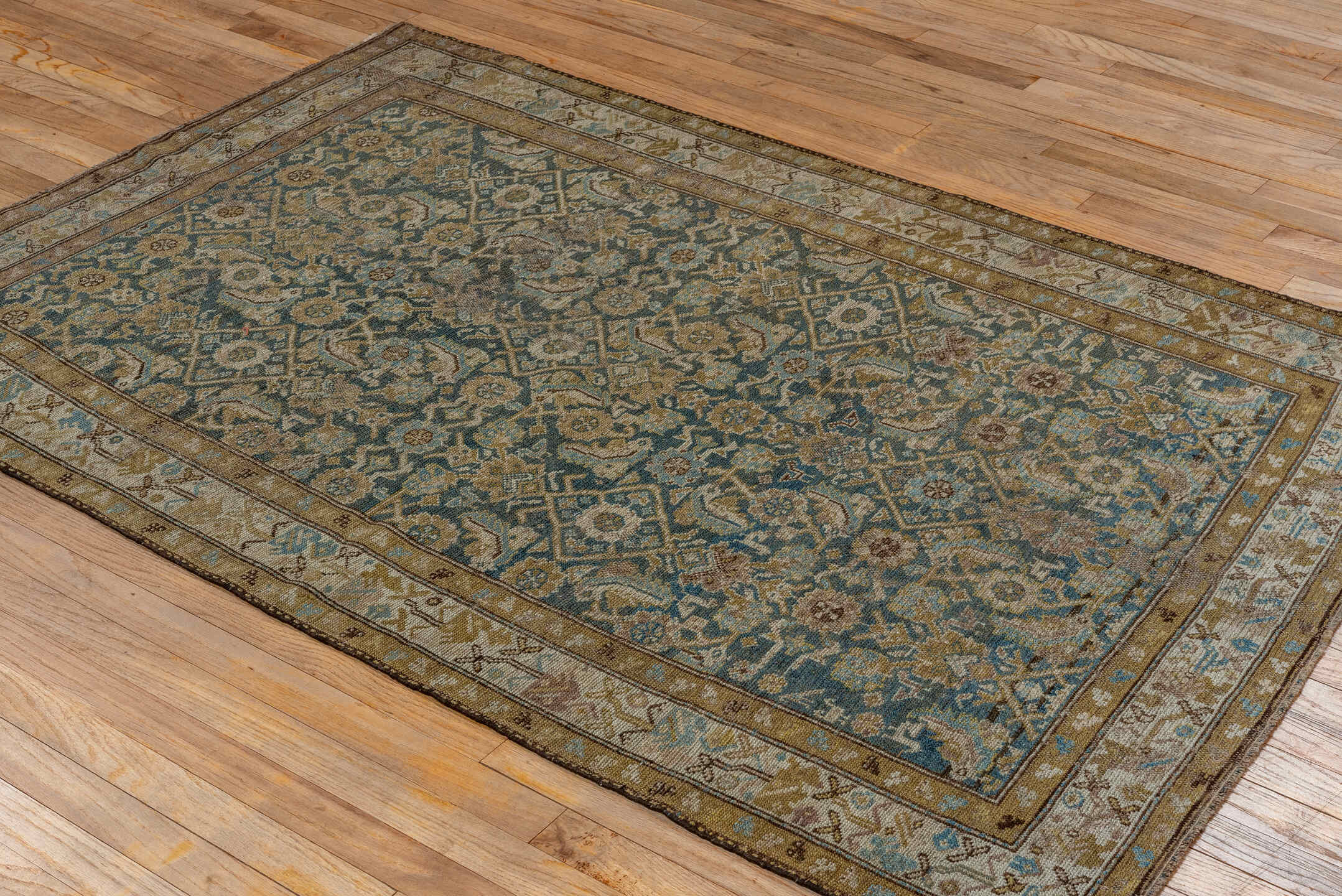 4' x 6' one-of-a-kind handmade antique Cam Hamadan small size rug. Color palette: blue, taupe, ivory, brown, beige, camel