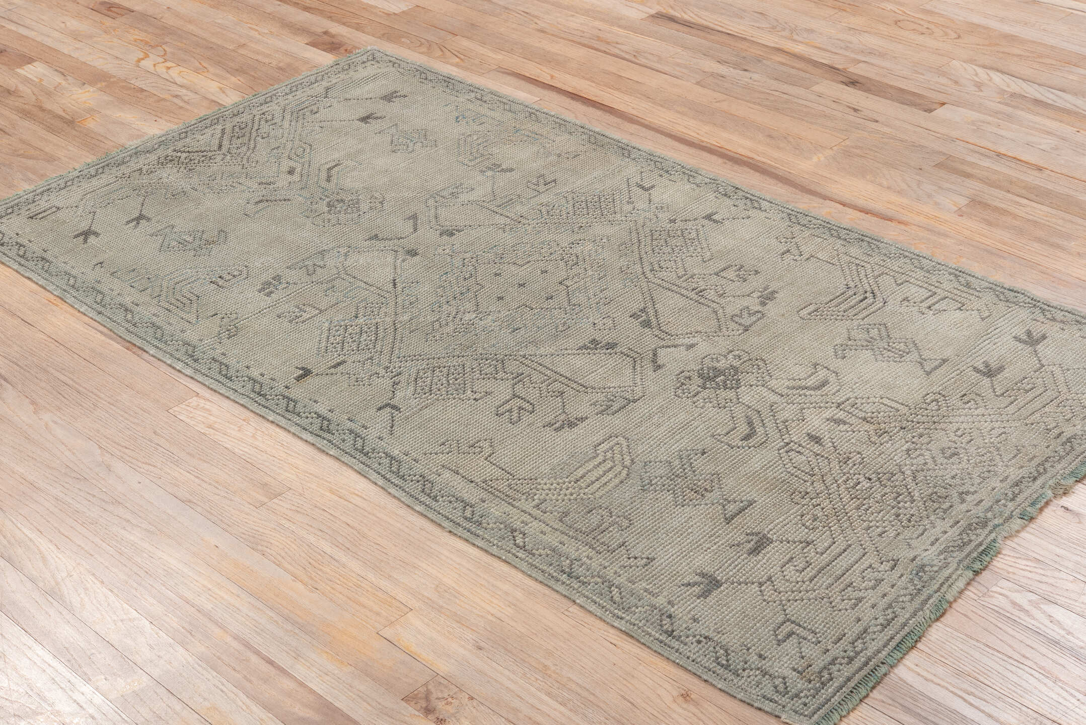 3' x 5' one-of-a-kind handmade antique Oushak small size rug. Color palette: ivory, taupe, sage, olive, charcoal, beige