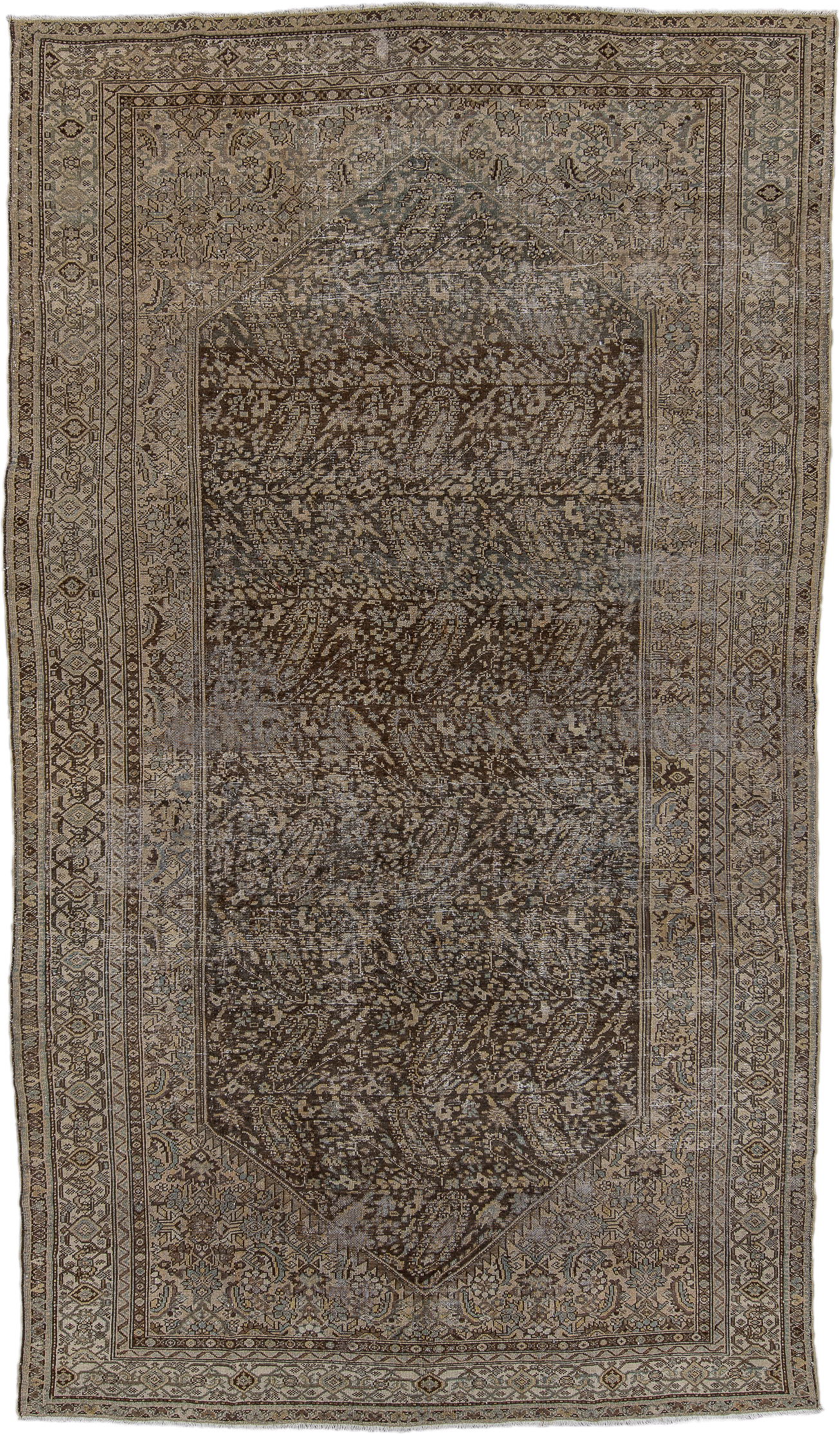 6' x 11' one-of-a-kind handmade vintage Malayer large size rug. Color palette: brown, ivory, taupe, charcoal, slate, camel