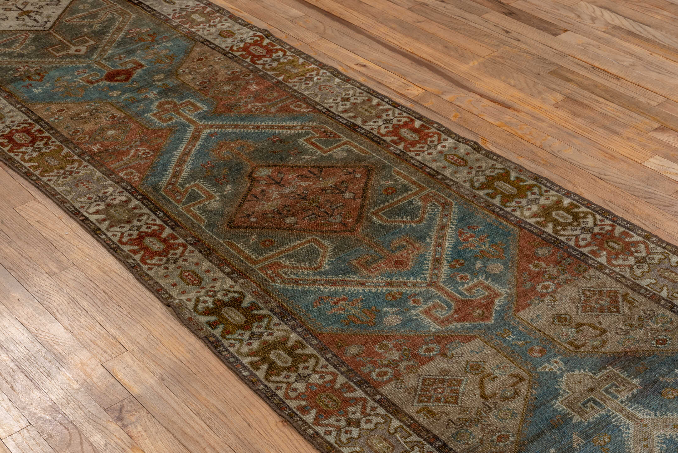 2' x 14' one-of-a-kind handmade vintage Malayer runner rug. Color palette: black, brown, gray, off-white, snow, white