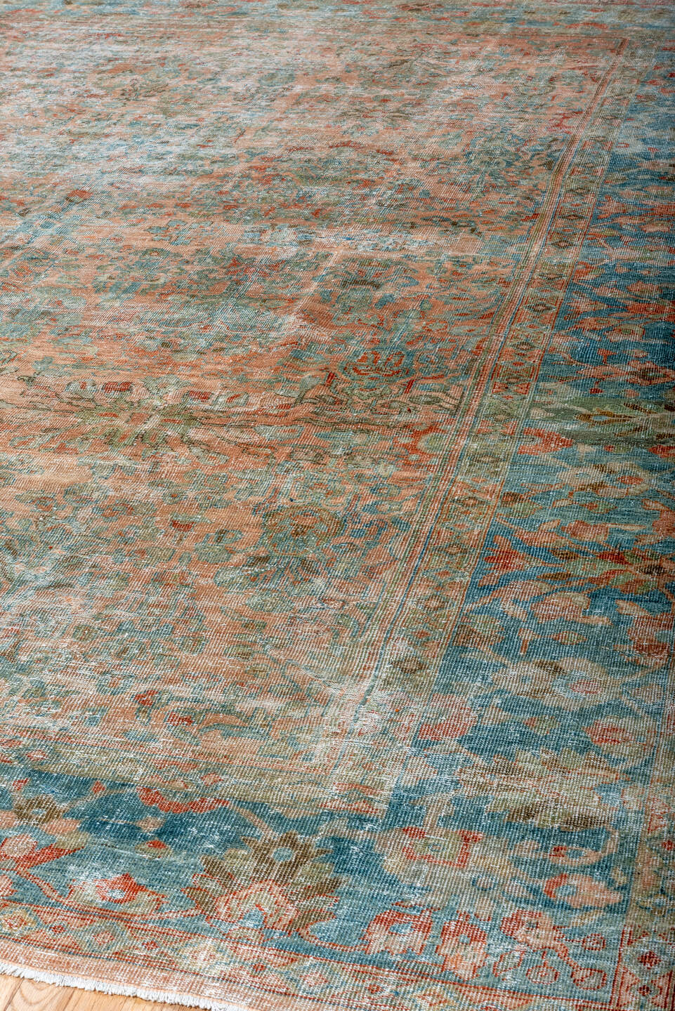 10' x 13' one-of-a-kind handmade antique Mahal large size rug. Color palette: aqua, terra cotta, ivory, sage, rust, taupe