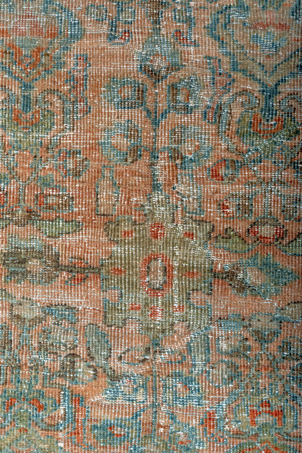 10' x 13' one-of-a-kind handmade antique Mahal large size rug. Color palette: aqua, terra cotta, ivory, sage, rust, taupe