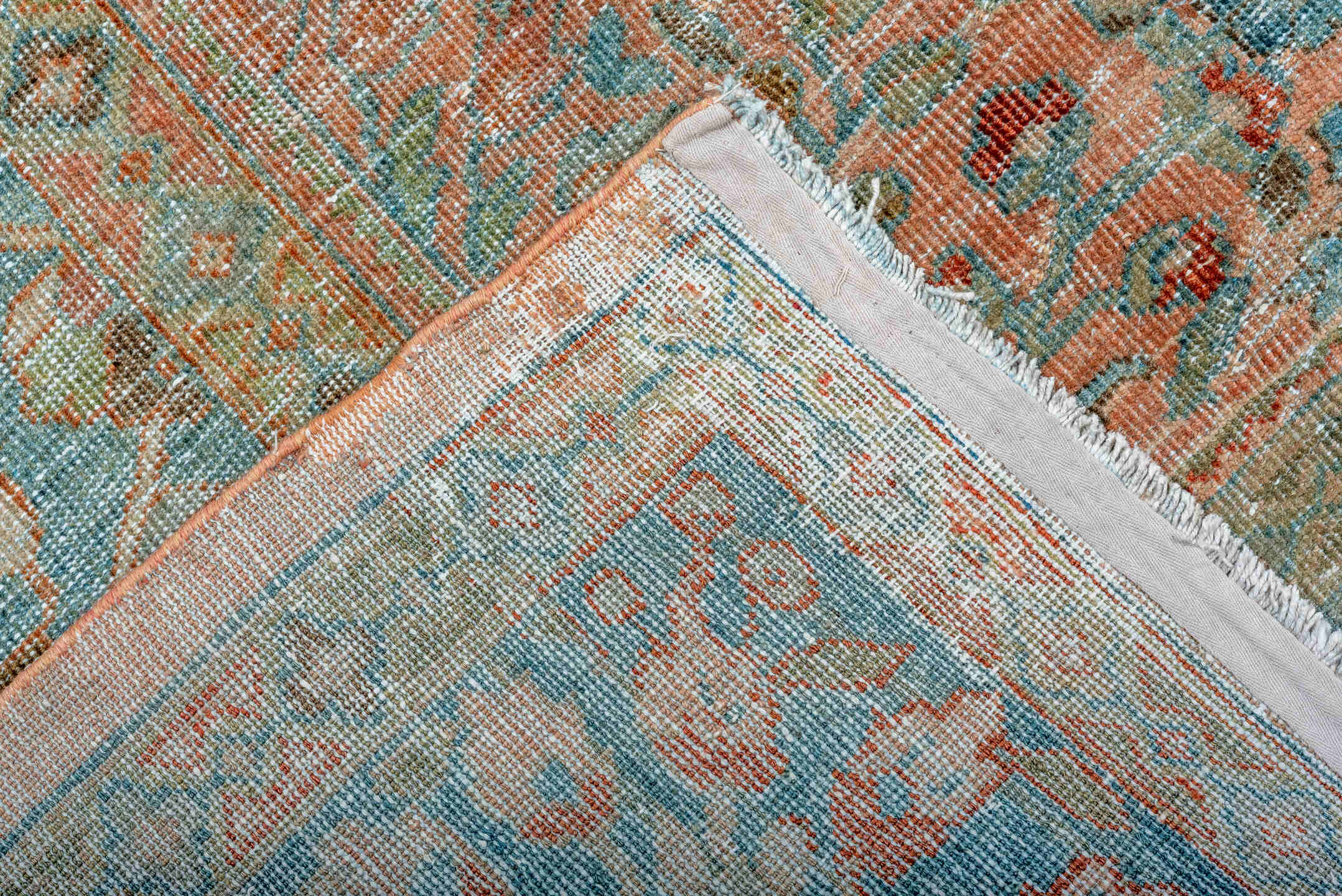 10' x 13' one-of-a-kind handmade antique Mahal large size rug. Color palette: aqua, terra cotta, ivory, sage, rust, taupe