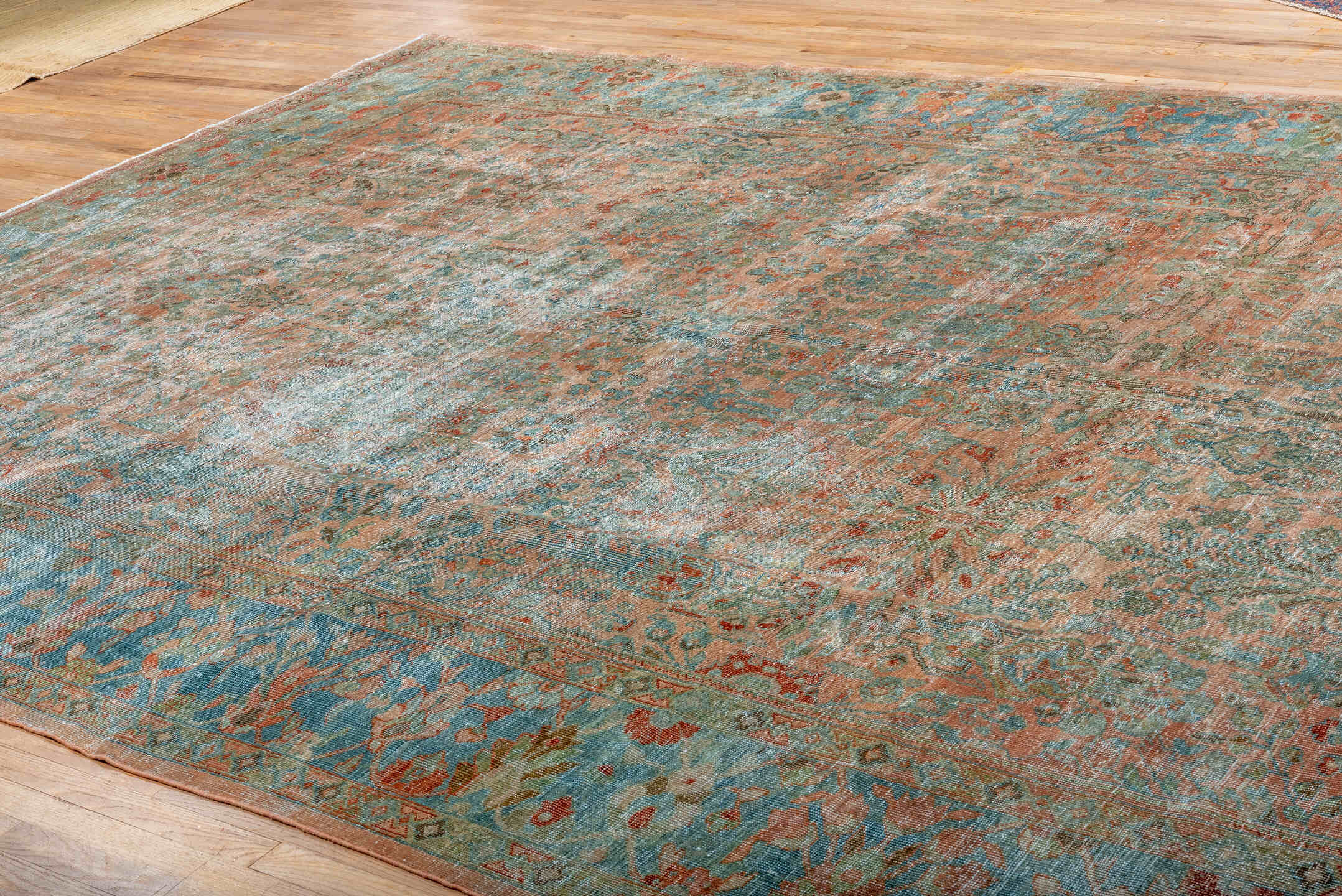 10' x 13' one-of-a-kind handmade antique Mahal large size rug. Color palette: aqua, terra cotta, ivory, sage, rust, taupe