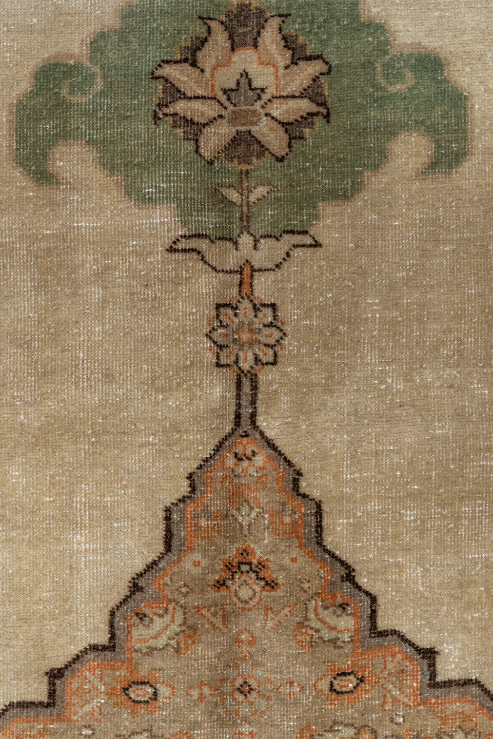 9' x 11' one-of-a-kind handmade antique Tabriz large size rug. Color palette: ivory, blush, taupe, sage, camel, brown, peach