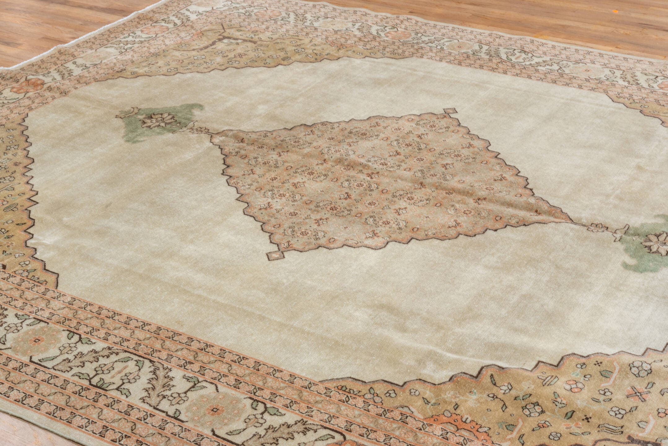 9' x 11' one-of-a-kind handmade antique Tabriz large size rug. Color palette: ivory, blush, taupe, sage, camel, brown, peach