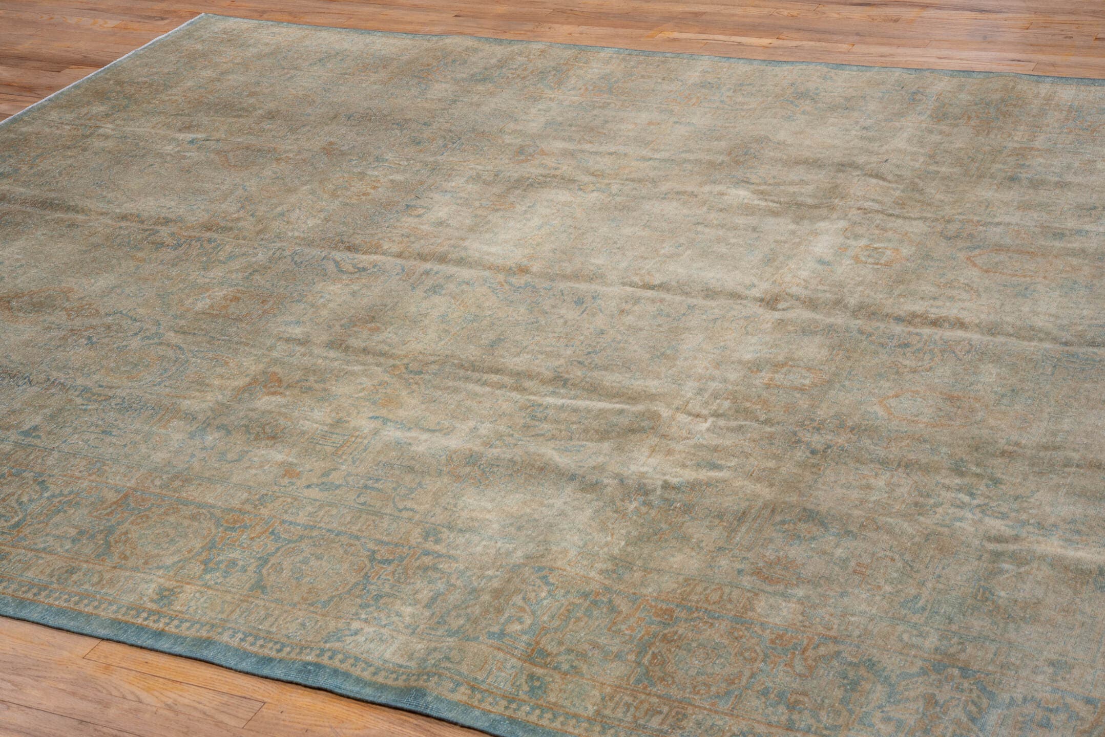 8' x 10' one-of-a-kind handmade antique Tabriz large size rug. Color palette: beige, ivory, sky blue, taupe, camel, sage