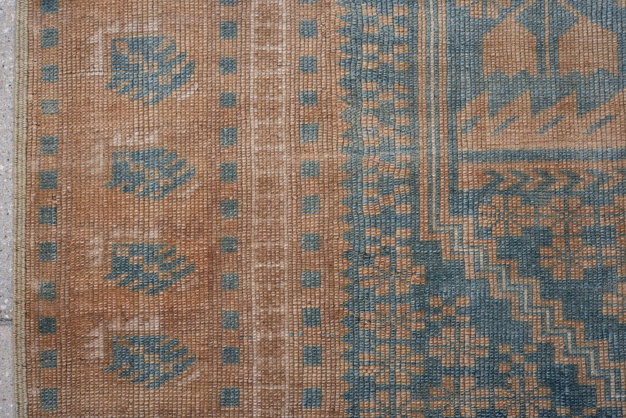3' x 6' one-of-a-kind handmade antique Oushak small size rug. Color palette: camel, sky blue, ivory, taupe, terracotta