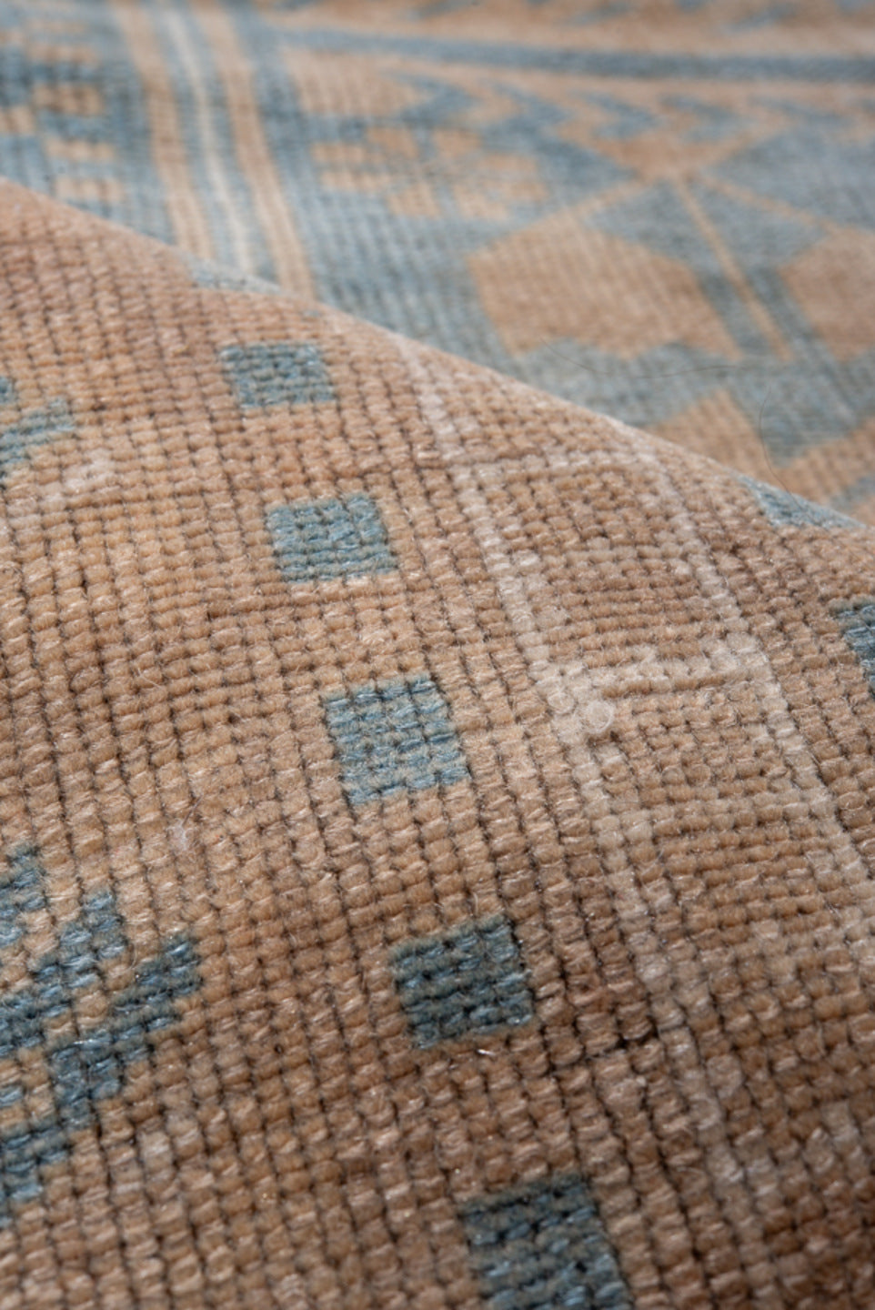 3' x 6' one-of-a-kind handmade antique Oushak small size rug. Color palette: camel, sky blue, ivory, taupe, terracotta