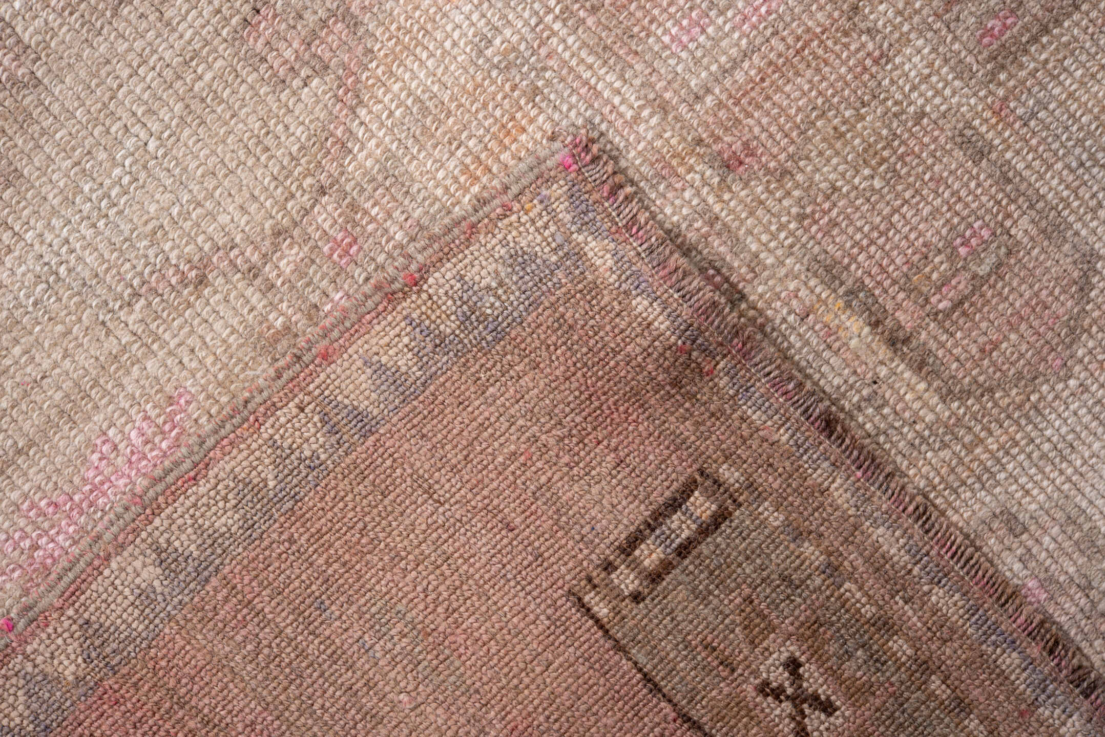 3' x 10' one-of-a-kind handmade vintage Oushak runner rug. Color palette: brown, gray, light gray, off-white, pink, snow